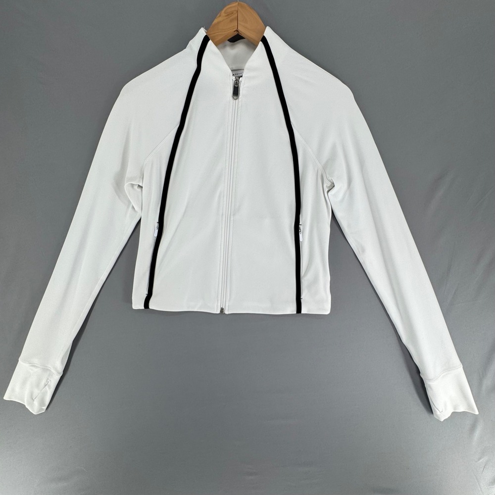 Athleta Womens White Black Full Zip Performance Track Jacket Thumbholes Small S